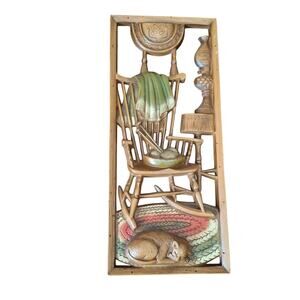 VTG Burwood Products 9208 Wall Plaque 3D Rocking Chair Sleeping Cat Knit Decor